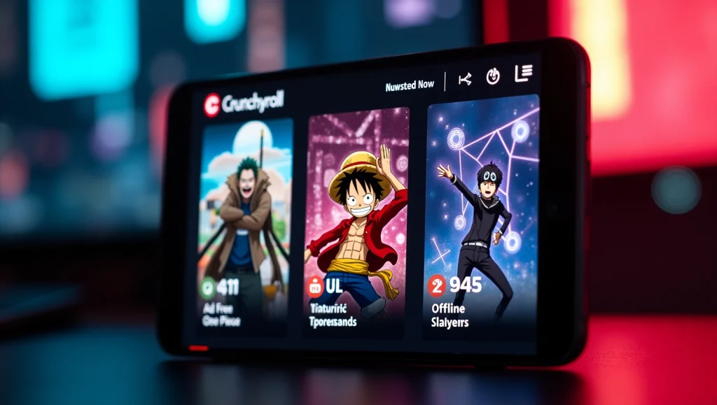 Crunchyroll Mod Apk Free Download Latest (V3.94.1 Premium Unlocked) 1 Mobile phone screen showing Crunchyroll app with anime thumbnails and offline slayers section in a dark UI.